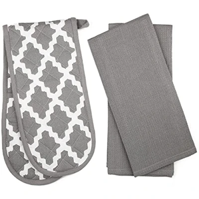 Image of Penguin Home Heat Resistant Oven Gloves with Set of 2 Tea Towel, Mitt &amp; Potholder for Cooking Maximum Protection/Kitchen Accessories(Diamond Grey) Size (18x90 65x45 cm)