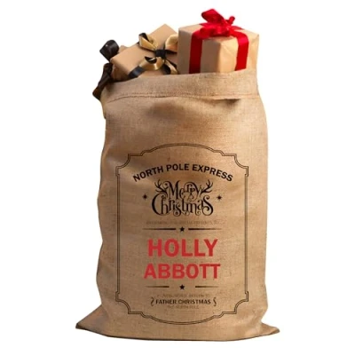 Image of Personalised Christmas Santa Sack Stocking Xmas Extra Large Hessian Traditional Bag Reusable Holiday Present (Frame Border)