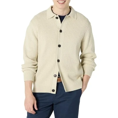 Image of Amazon Essentials Men&#039;s Relaxed Fit Collared Cardigan Jumper, Sand Heather, XS