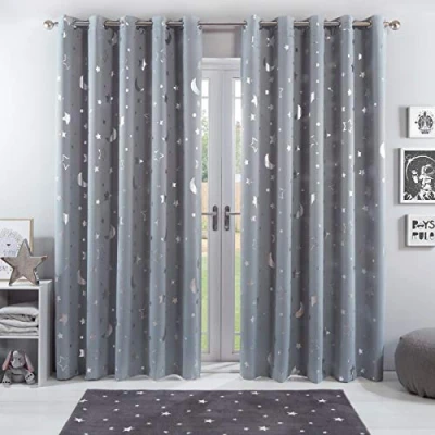 Image of Dreamscene Galaxy Star Thermal Blackout Curtains PAIR of Eyelet Ring Top Panels Kids Metallic Moon Silver Grey, Width 46&quot; x Drop 54&quot;