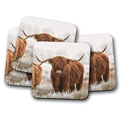 Image of 4 Set Highland Cow Coaster Cattle Scotland Hairy Fluffy Bull Fun #14591