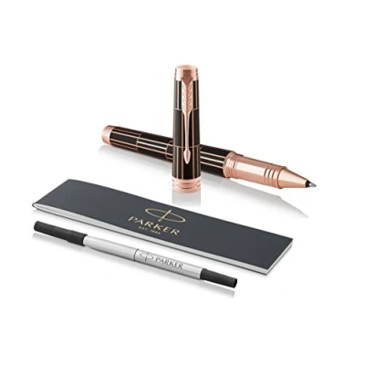 Image of PARKER 1931399 Premier Rollerball Pen, Fine Point Black Ink Refill Luxury Brown with Pink Gold Trim