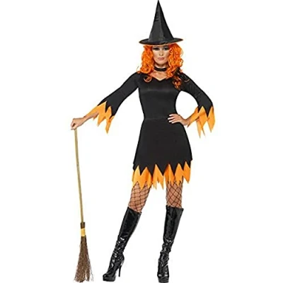Image of Smiffys Witch Costume, Black &amp; Orange with Dress, Hat Choker, Halloween Adult Fancy Dress Up Costumes