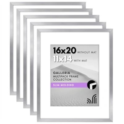 Image of Americanflat Galleria Collection 16x20 Picture Frame Set with Polished Plexiglass Use as 11x14 Mat or without Silver