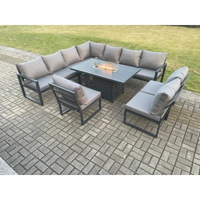 Image of Aluminium 10 Seater Lounge Corner Sofa Outdoor Garden Furniture Sets Gas Fire Pit Dining Table Set Dark Grey Fimous