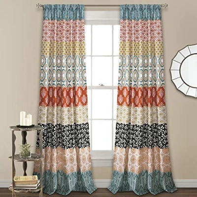 Image of Lush Decor Bohemian Stripe Window Curtain Panels Turquoise/Orange 52X95 Set