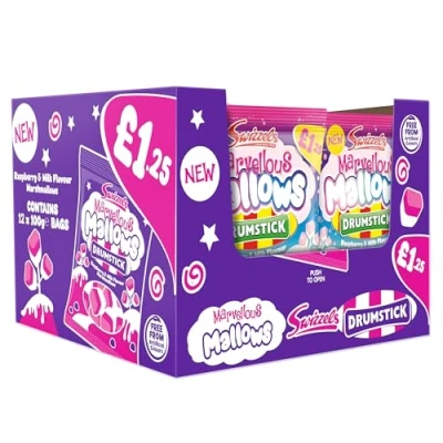 Image of Swizzels Marvellous Mallows, Drumstick Raspberry &amp; Milk Flavour Marshmallows, £1.25 Price Marked Marshmallow Sweets (12x100g Bags)