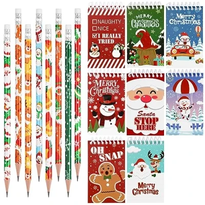 Image of VEYLIN 32 Mini Carton Notepads Christmas Pocket Notebooks Kids Pencils with Erasers for Children Holiday Gifts Classroom Prizes