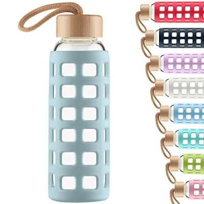 Image of Cleesmil Sports Glass Water Bottle with Silicone Sleeve Bamboo Lid BPA Free 1000 ml / 1 litre (Light Blue)