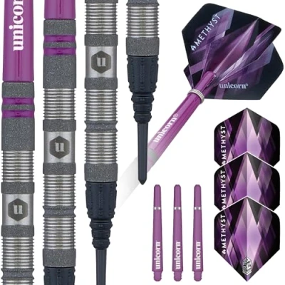 Image of Unicorn Professional Darts Set Amethyst 1 80% Natural Tungsten Gripper Finish Barrels with Purple Accents &amp; Laser Etched U Logo Hallmark Soft Tip Epic Points 18 g