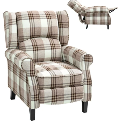 Image of HOMCOM Farmhouse Recliner Armchair for Living Room, Wingback Reclining Chair with Footrest, Round Armrests and Rubber Wood Legs, Brown