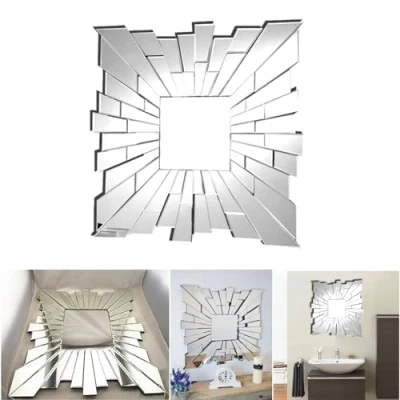 Image of ARA CHOICE 60x60cm Large Modern Sunburst Square Glass Wall Mirror Decorative Art Hanging Living Lounge Bathroom Elegant Artistic Look Venetian Beveled Edges Hall Mount For Home