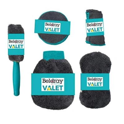 Image of Beldray LA082190EU7 9 Piece Set, Includes Wheel Brush, Soft Pads, Polishing Mitt and Dusting Cloth, Interior/Exterior Car Cleaning Kit, Collect &amp; Trap Dirt, Use Wet or Dry, Black