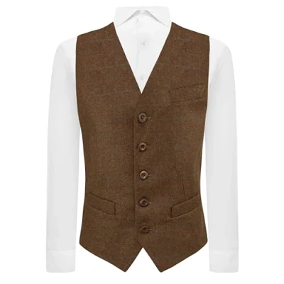 Image of King &amp; Priory Heritage Check Cedar Brown Waistcoat 2XL 46in Chest