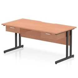 Image of Impulse 1600 x 800mm Scalloped Edge Straight Office Desk Beech Top Black Cantilever Leg Workstation 2 1 Drawer Fixed Pedestal