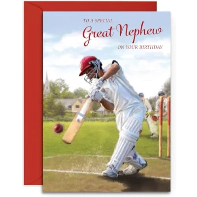 Image of Great Nephew Birthday Card Cricket Design for Him Happy A5 Size with Red Envelope