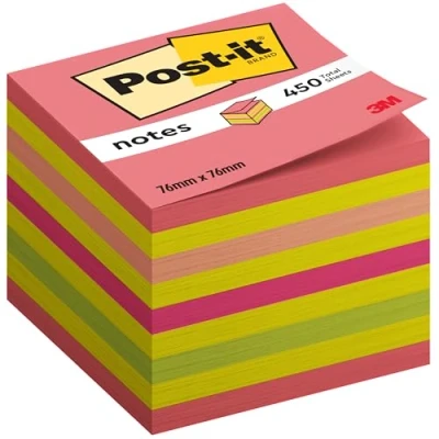 Image of Post it Sticky Notes Cube Neon Collection, Pack of 1 Pad, 450 Sheets, 76 mm x mm, Pink, Yellow, Orange, Green Colors Self stick For Note Taking, To Do Lists &amp; Reminders