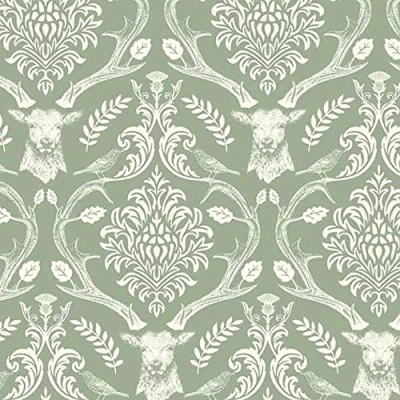 Image of Stag Damask Sage Green Wallpaper Floral Flowers Birds Trees Leaves Modern Contemporary Feature Wall