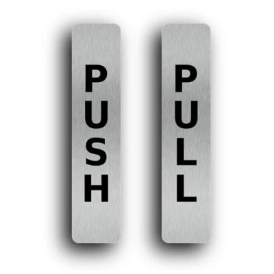 Image of SILVER Push Pull Set Pair of Door Signs for businesses, restaurants, bars, hotels, schools, cafe. Tough 1.6 mm Thickness Material, Durable, Guaranteed not to Tear