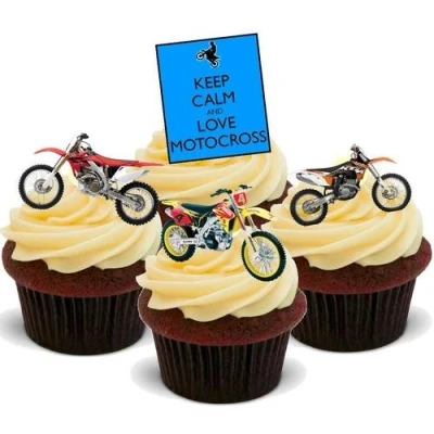 Image of Keep Calm Love Motocross Blue Mix 12 Edible Stand Up Premium Wafer Card Cake Toppers Decorations