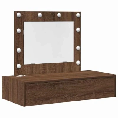 Image of vidaXL Wall Hanging Dressing Table with LED Lights Brown Oak
