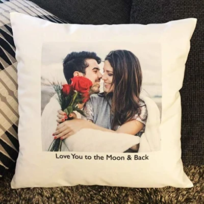 Image of Thoughtful Gifts Personalised valentines gift for her, love you to the moon and back One Photo Cushion present girlfriend, wife, fiance, boyfriend, husband (White, With Inner)