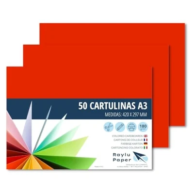 Image of Raylu Paper® A3 Card Pack of 50 180gsm 420x297mm Coloured with Soft Touch Perfect for Binding, Office, Drawing and Crafts (Red)