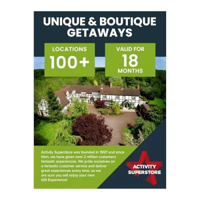 Image of Activity Superstore Unique &amp; Boutique Gift Experience Voucher for Two, One Night Stay Including Breakfast, Available at 90+ UK Locations, Days, Couples Gifts, Birthday Gifts