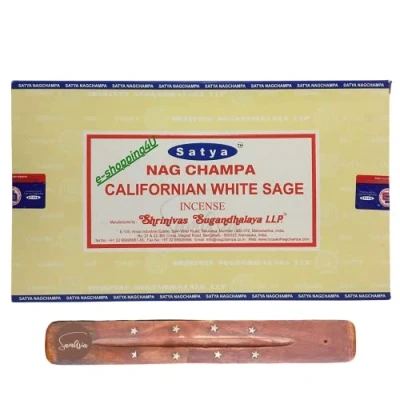 Image of Satya Nag Champa Californian White Sage incense sticks x12 pack with SAMASIA holder Used for Caomatherapy, Spa, Yoga, Weddings, Meditation, Healing, Positivity and Relaxation