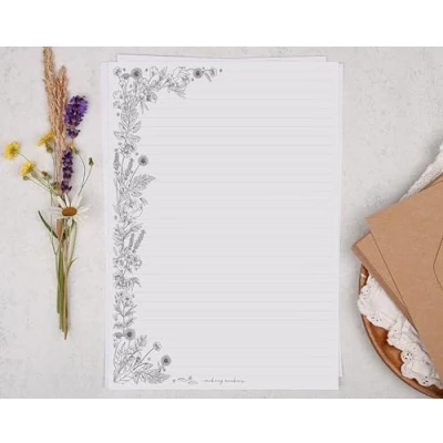 Image of Making Meadows A4 Lined Letter Writing Paper Set (20 Sheets &amp; 10 envelopes) Monochrome Flower Edge Design On Penpal Stationery