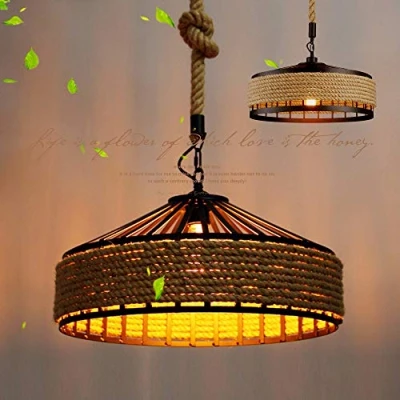 Image of E27 Vintage Pendant Lights Retro Hanging Lamp Industrial Lightshade Iron Loft Chandelier Rustic Hemp Rope Round Cage Chandeliers Restaurant Cafe Bar Office Ceiling Lighting,50cm