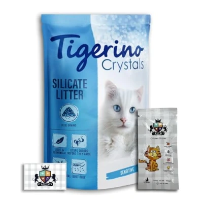 Image of AETN Creations Tigerino Crystals Fun Coloured Cat Litter Sensitive Unscented 5L in Blue plus Chicken Treat