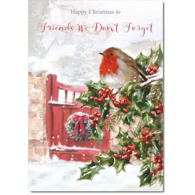 Image of doodlecards Friends We Dont Forget Christmas Card Robin on Holly Tree Medium Size with Plain Envelope