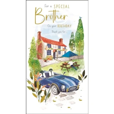 Image of Brother Birthday Card Special Vintage Car Design Finishes and Illustrated Insert Leaf Made in the UK