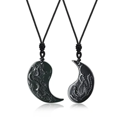 Image of COAI Black Obsidian Dragon and Phoenix Yin Yang Pendant Necklaces for Couples
