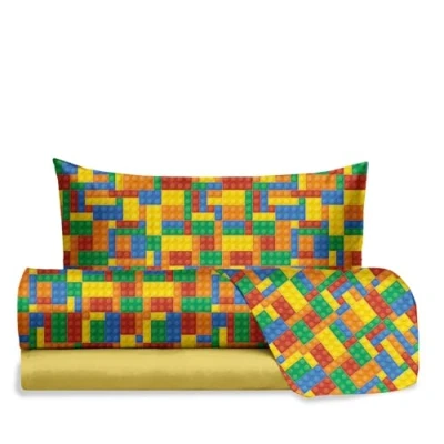 Image of Hermet Jolly Bricks Lego Brick Single Bed Sheet Set, 100% Cotton, Top + Fitted Pillowcase, Bedding Set for Bedroom