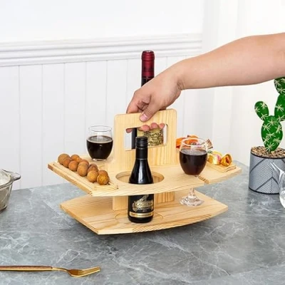 Image of Portable Outdoor Wine Table, Countertop Bottle Holder and Glass Hanger, Detachable Fruit Table Glasses Holder, Wooden Picnic Small, for Garden, Outdoor, Camping, Picnic, Beach