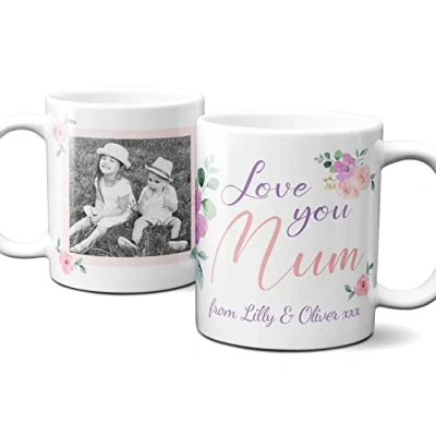 Image of Thoughtful Gifts Lovely Floral Photo Mum Mug, Personalised Mug for Mum, Cup Present Mothers Day, Birthday, Christmas.