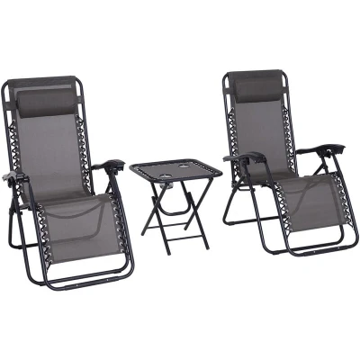 Image of Outsunny 3 Pieces Folding Zero Gravity Chairs Sun Lounger Table Set with Cup Holders84B 271GY