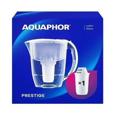 Image of AQUAPHOR Water Filter Jug Prestige I 1 X A5 Included Capacity 2.8l Fits in the fridge door Reduces Limescale Chlorine &amp; Microplastics White