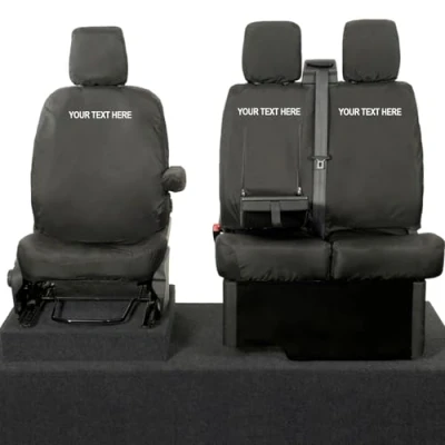 Image of UK Custom Covers To Fit Ford Transit (2013 On) Tailored Waterproof Front Seat Inc. Embroidery (Single/Double WITH Pull Down Tray)