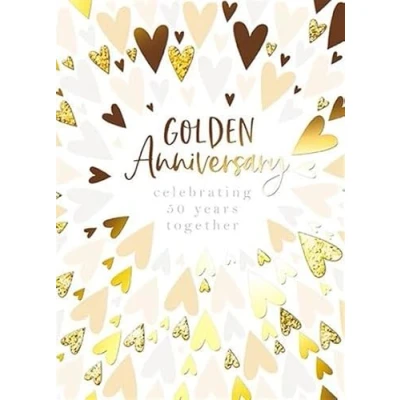 Image of 50th Milestone Golden Anniversary Card 50 Years Gold Hearts Starburst with Metallic Foil Details Eco Friendly and Recyclable by Paper House