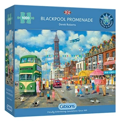 Image of Blackpool Promenade 1000 Piece Jigsaw Puzzle Nostalgic Holiday Sustainable for Adults Premium 100% Recycled Board Great Gift Gibsons Games