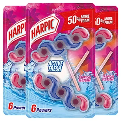 Image of Harpic Active Fresh 6 Powers Toilet Rim Block, Tropical Blossom Fragrance 2 x 35g, Pack of 3