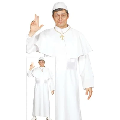 Image of FIESTAS GUIRCA Adult Pope Fancy Dress (16.5 44/L) Cape, Belt, Mitre and Cassock Religious Costumes for Men Ideal Parties, Events Themed Celebrations White