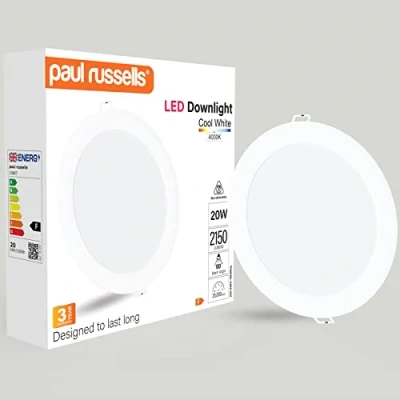 Image of paul russells LED Ceiling Downlights, 20W Slim Recessed Bathroom Kitchen Ceilings, 2150 Lumens, 4000K Cool/Natural White, Cutout 170 180mm, Round Non Dimmable Panel Spotlights, 1 Pack