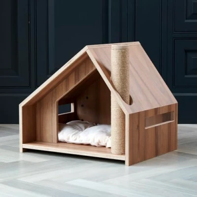 Image of Wooden Indoor Cat House With Scratching Post, Bed and Hideaway, Modern Cave Play Centre, Kitten Activity Centre.