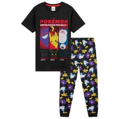 Image of Pokemon Boys Pyjamas Set Lounge Wear T Shirt and Long Bottoms Teenagers Kids PJs 4 14 Years Gifts for (Black, 6 7 Years)