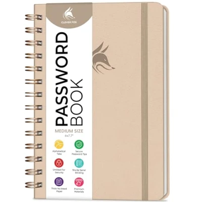 Image of Clever Fox Password Book Spiral Internet Address &amp; Organizer with Laminated Alphabetical Tabs Keeper Journal Hardcover, Medium Size, 15.5x19.6cm (Seashell)