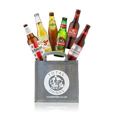 Image of Premium World Lager Mixed Case Gift Set of 6 Beers Beer in Jute Estrella Damm, Sol, Budweiser, Mythos, Ichnusa, Cobra